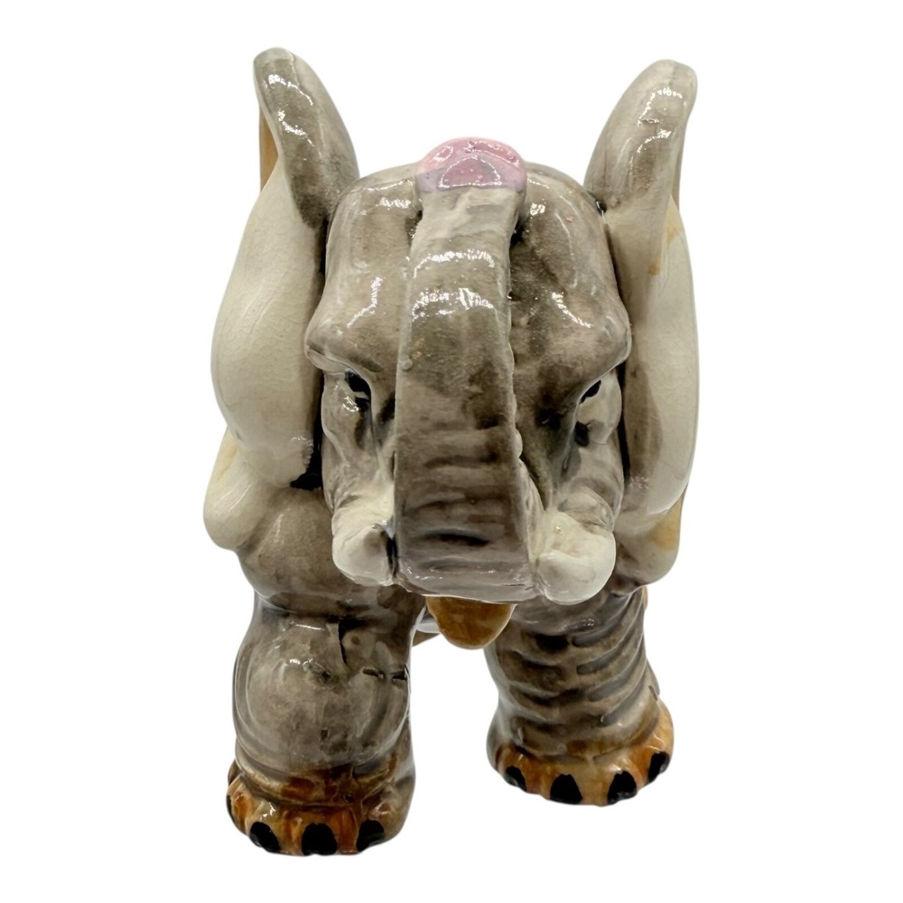 Vintage Japan Ceramic Elephant Figurine Trunk Up Hand Painted Mid Century Decor - Picture 5 of 8